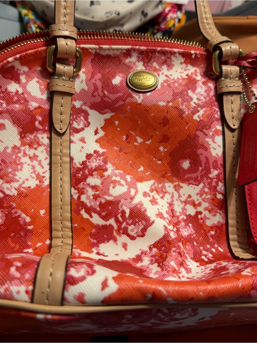 Coach Floral Shoulder Tote in Coral, Pink and Tan